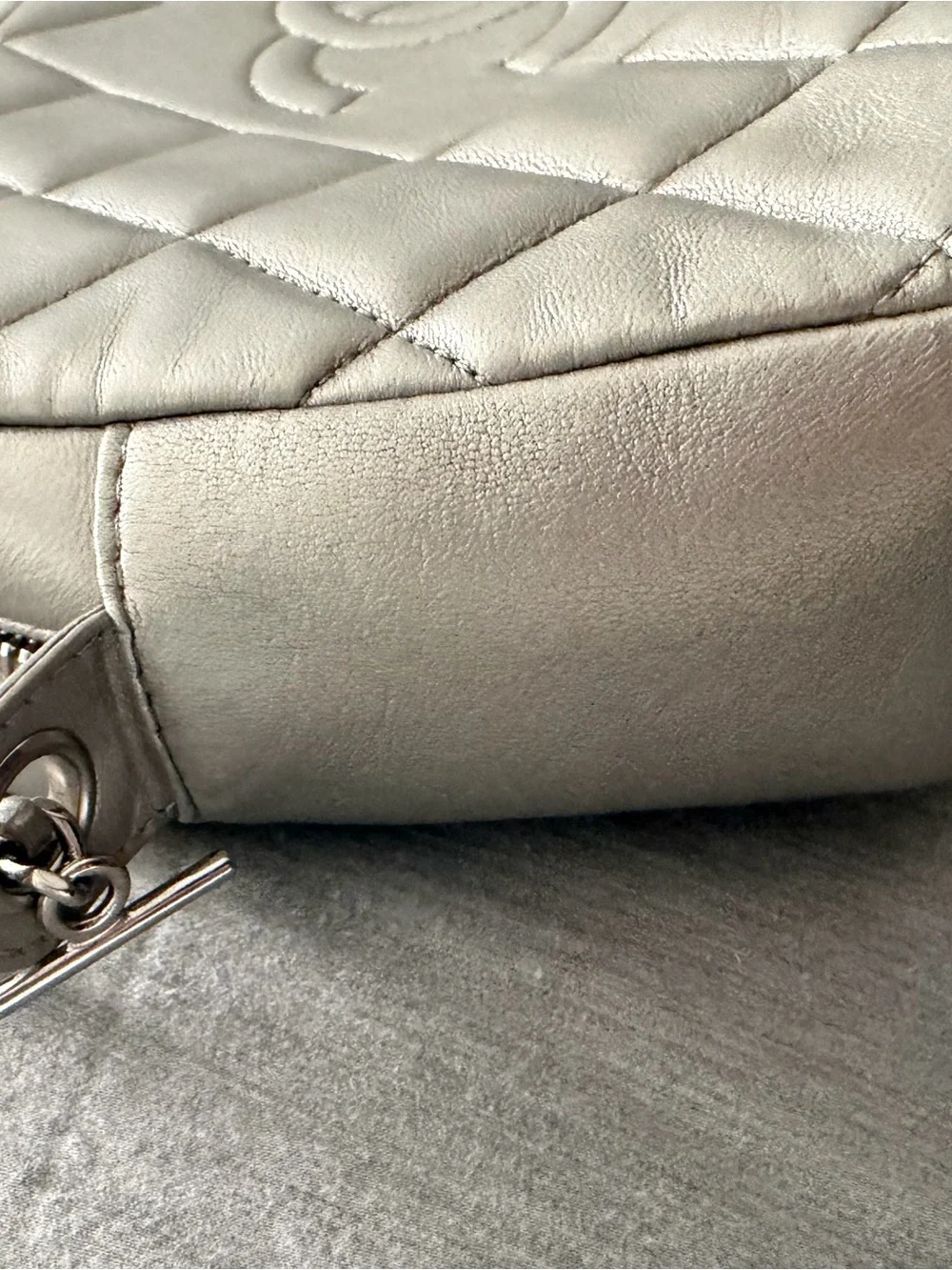 CHANEL Quilted Leather Camera Crossbody in Silver Metallic Gray
